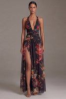 Load image into Gallery viewer, Black Halter A Line Floral Maxi Beach Wedding Guest Dress with Slit