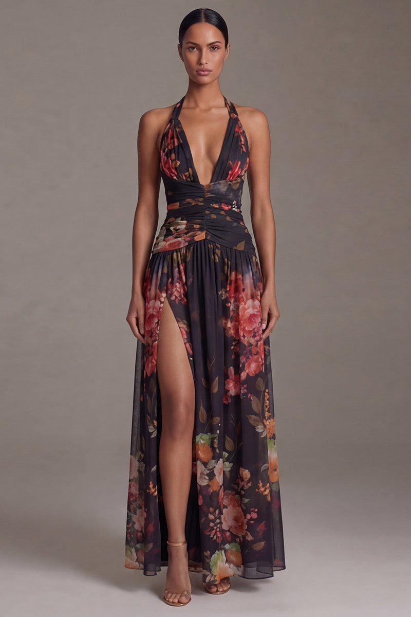 Load image into Gallery viewer, Black Halter A Line Floral Maxi Beach Wedding Guest Dress with Slit