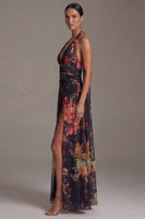 Load image into Gallery viewer, Black Halter A Line Floral Maxi Beach Wedding Guest Dress with Slit