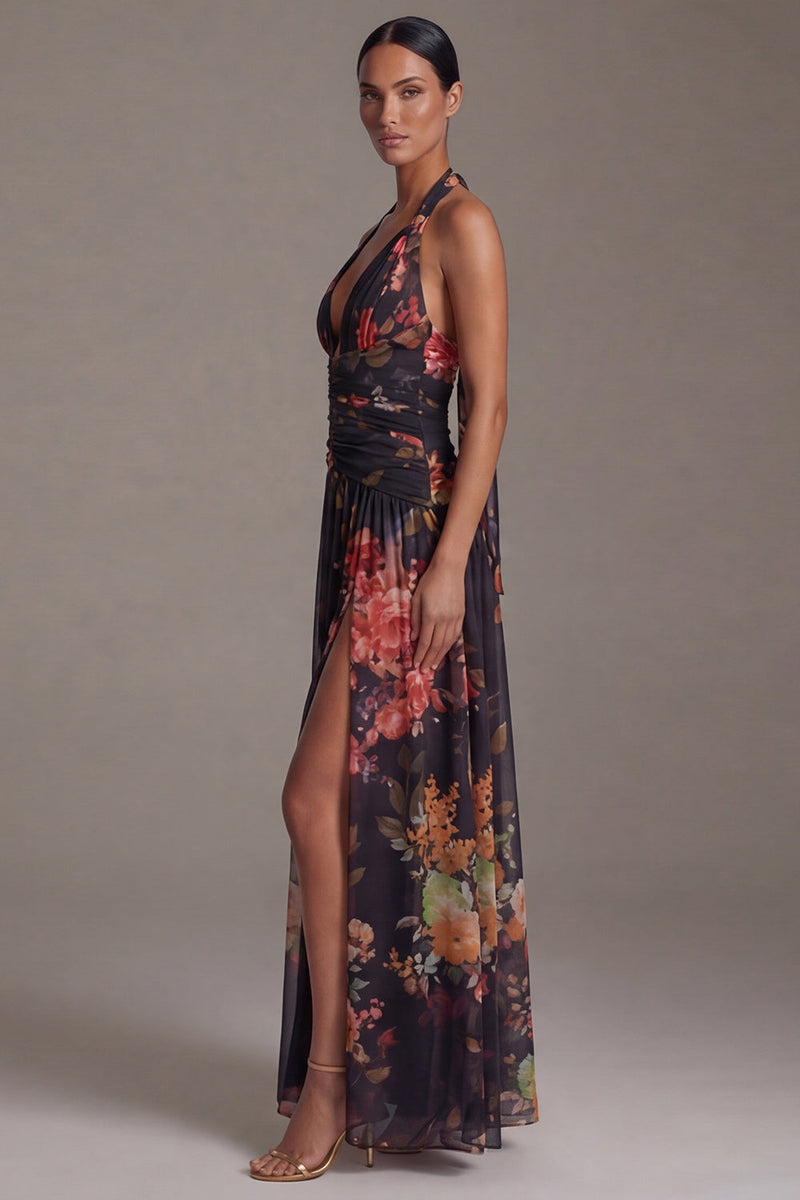 Load image into Gallery viewer, Black Halter A Line Floral Maxi Beach Wedding Guest Dress with Slit