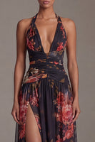 Load image into Gallery viewer, Black Halter A Line Floral Maxi Beach Wedding Guest Dress with Slit