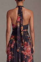 Load image into Gallery viewer, Black Halter A Line Floral Maxi Beach Wedding Guest Dress with Slit