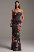 Load image into Gallery viewer, Floral Strapless Black Mermaid Maxi Beach Wedding Guest Dress