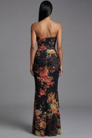 Load image into Gallery viewer, Floral Strapless Black Mermaid Maxi Beach Wedding Guest Dress