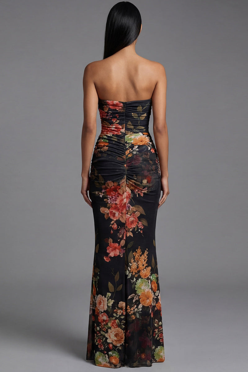 Load image into Gallery viewer, Floral Strapless Black Mermaid Maxi Beach Wedding Guest Dress
