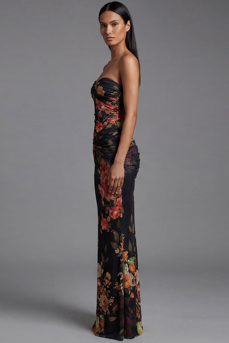 Load image into Gallery viewer, Floral Strapless Black Mermaid Maxi Beach Wedding Guest Dress