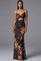 Load image into Gallery viewer, Black Spaghetti Straps Floral Mermaid Maxi Beach Wedding Guest Dress