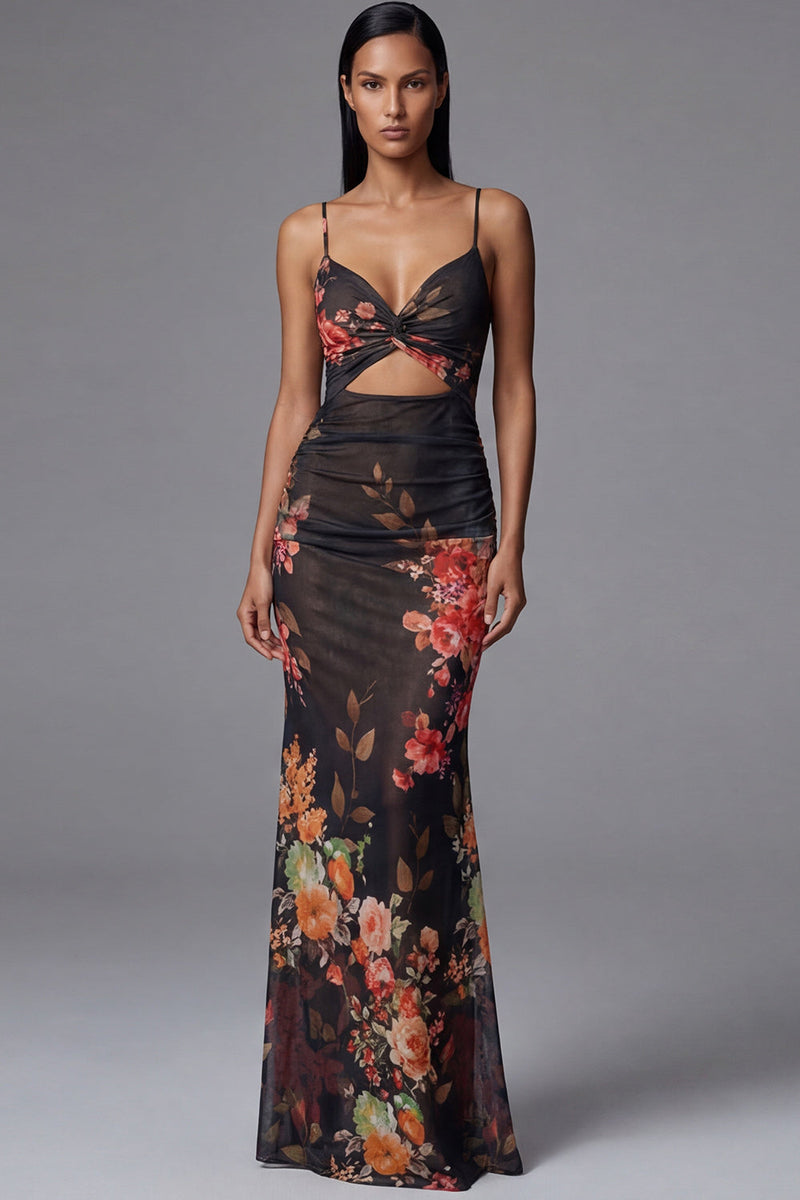 Load image into Gallery viewer, Black Spaghetti Straps Floral Mermaid Maxi Beach Wedding Guest Dress