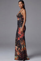 Load image into Gallery viewer, Black Spaghetti Straps Floral Mermaid Maxi Beach Wedding Guest Dress