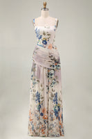 Load image into Gallery viewer, Square Neck Floral A Line Draped Maxi Ivory Beach Wedding Guest Dress