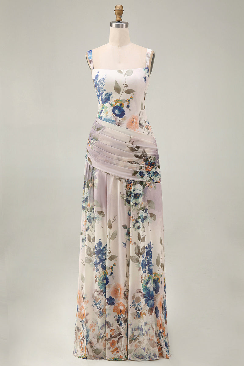 Load image into Gallery viewer, Square Neck Floral A Line Draped Maxi Ivory Beach Wedding Guest Dress