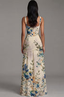 Load image into Gallery viewer, Square Neck Floral A Line Draped Maxi Ivory Beach Wedding Guest Dress