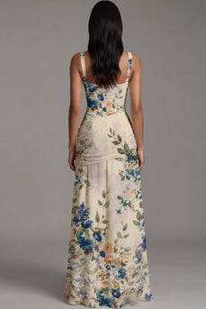 Square Neck Floral A Line Draped Maxi Ivory Beach Wedding Guest Dress