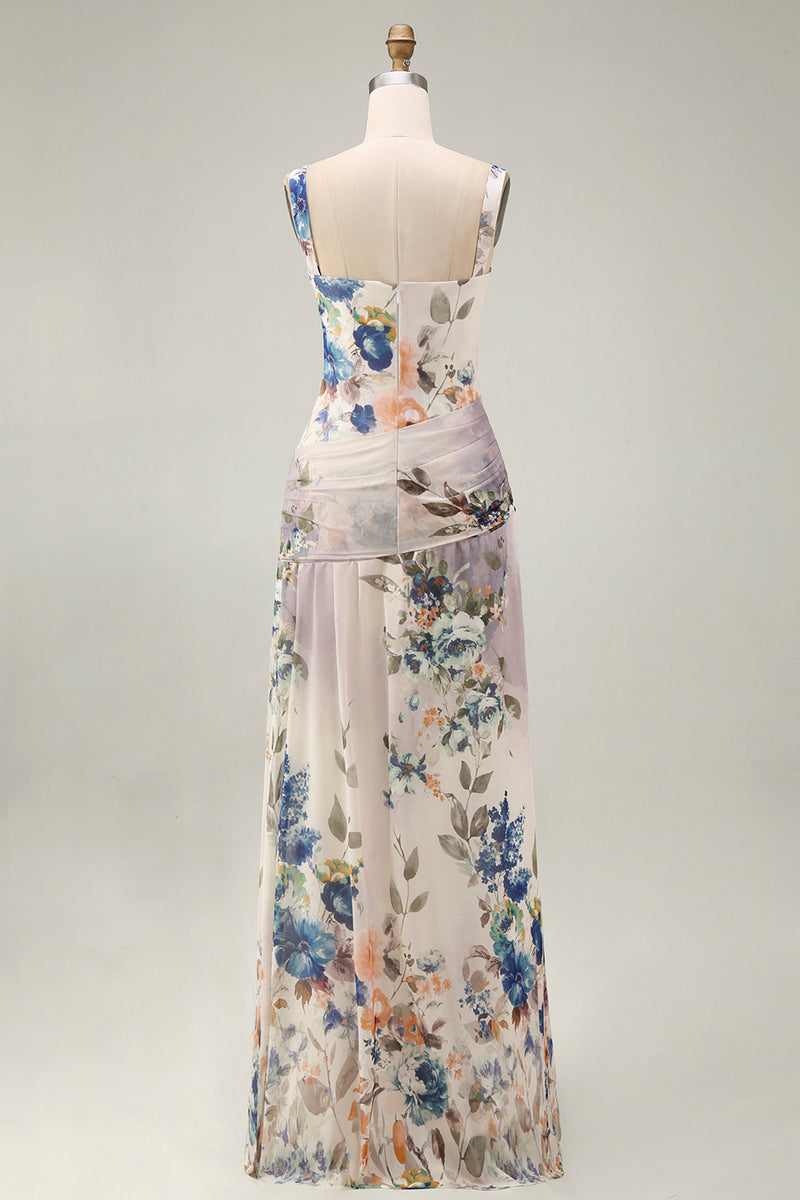 Load image into Gallery viewer, Square Neck Floral A Line Draped Maxi Ivory Beach Wedding Guest Dress