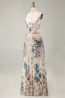 Load image into Gallery viewer, Square Neck Floral A Line Draped Maxi Ivory Beach Wedding Guest Dress