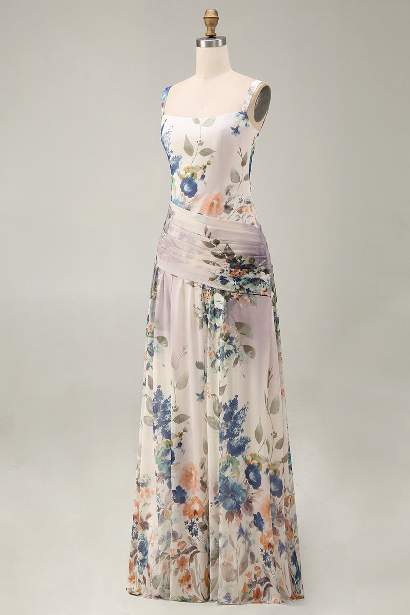 Load image into Gallery viewer, Square Neck Floral A Line Draped Maxi Ivory Beach Wedding Guest Dress