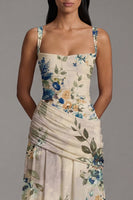 Load image into Gallery viewer, Square Neck Floral A Line Draped Maxi Ivory Beach Wedding Guest Dress