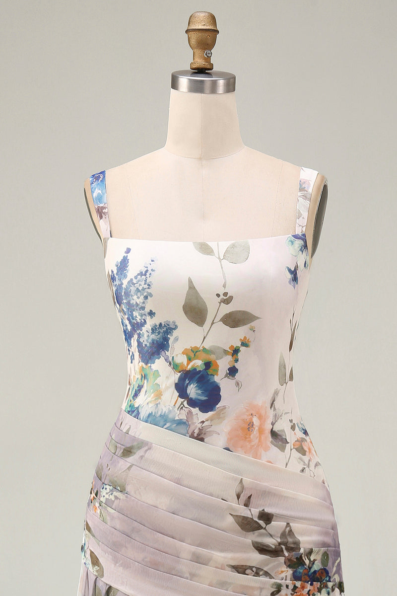 Load image into Gallery viewer, Square Neck Floral A Line Draped Maxi Ivory Beach Wedding Guest Dress