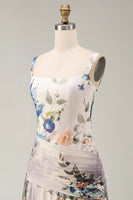 Load image into Gallery viewer, Square Neck Floral A Line Draped Maxi Ivory Beach Wedding Guest Dress