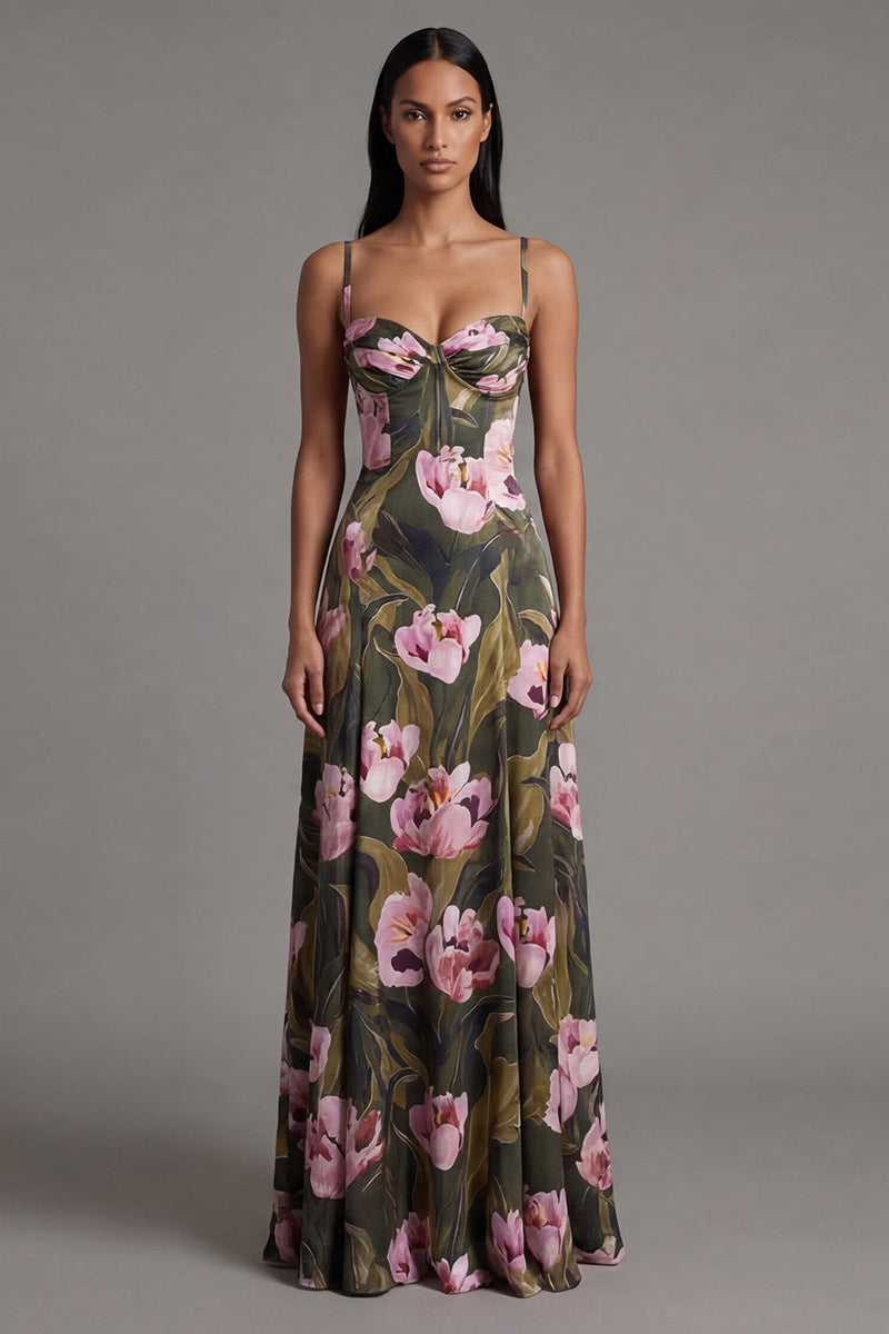 Load image into Gallery viewer, Olive A Line Floral Spaghetti Straps Maxi Beach Wedding Guest Dress