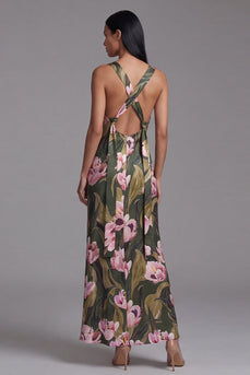Sheath Olive Floral Square Neck Maxi Beach Wedding Guest Dress