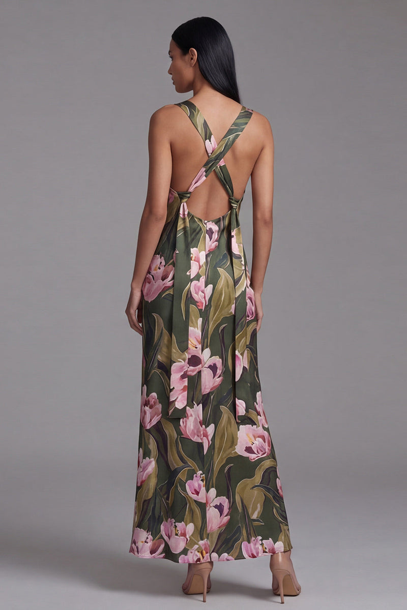 Load image into Gallery viewer, Sheath Olive Floral Square Neck Maxi Beach Wedding Guest Dress