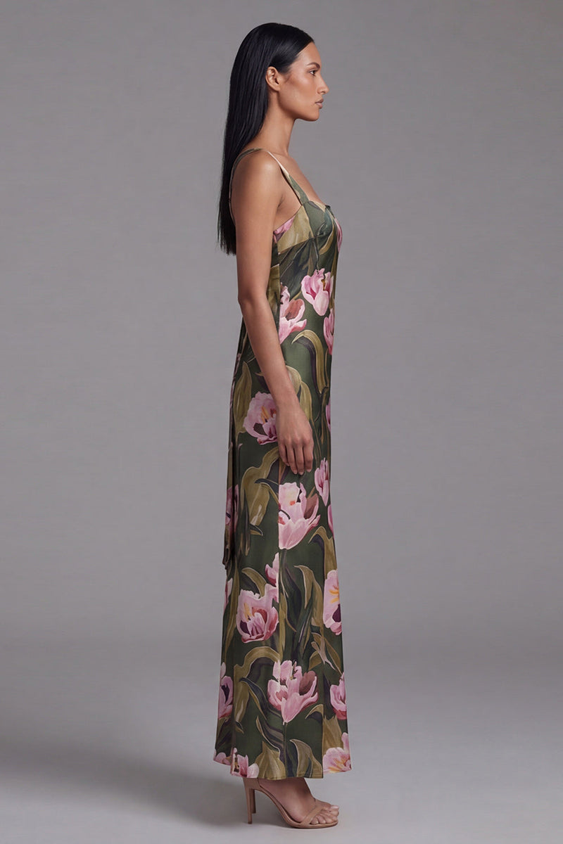 Load image into Gallery viewer, Sheath Olive Floral Square Neck Maxi Beach Wedding Guest Dress