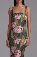 Load image into Gallery viewer, Sheath Olive Floral Square Neck Maxi Beach Wedding Guest Dress