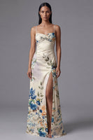 Load image into Gallery viewer, Floral Sheath Spaghetti Straps Maxi Ivory Beach Wedding Guest Dress with Slit