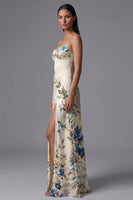 Load image into Gallery viewer, Floral Sheath Spaghetti Straps Maxi Ivory Beach Wedding Guest Dress with Slit