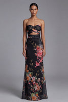 Load image into Gallery viewer, Maxi Mermaid Strapless Black Floral Beach Wedding Guest Dress