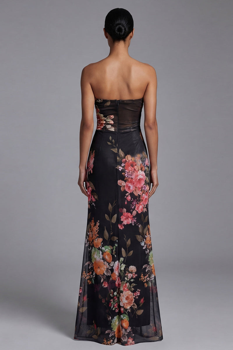 Load image into Gallery viewer, Maxi Mermaid Strapless Black Floral Beach Wedding Guest Dress