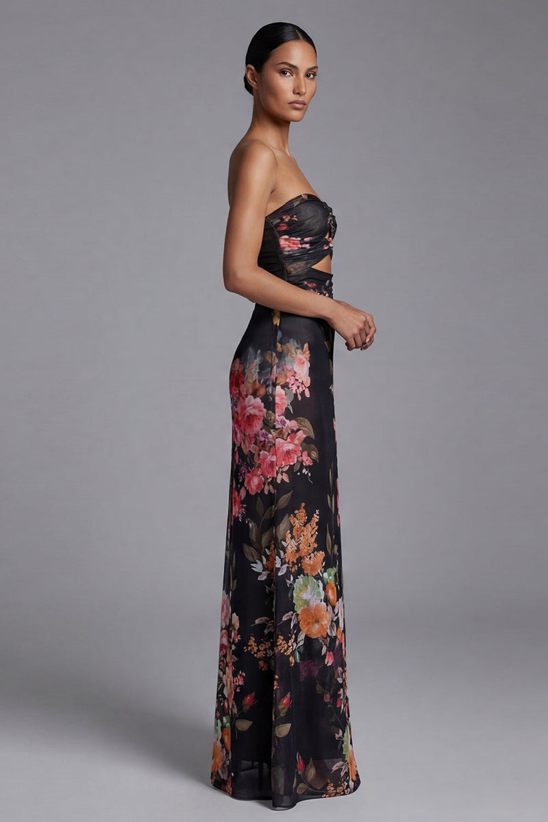 Load image into Gallery viewer, Maxi Mermaid Strapless Black Floral Beach Wedding Guest Dress