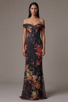 Load image into Gallery viewer, Black Mermaid Floral Maxi Beach Wedding Guest Dress with Pleats