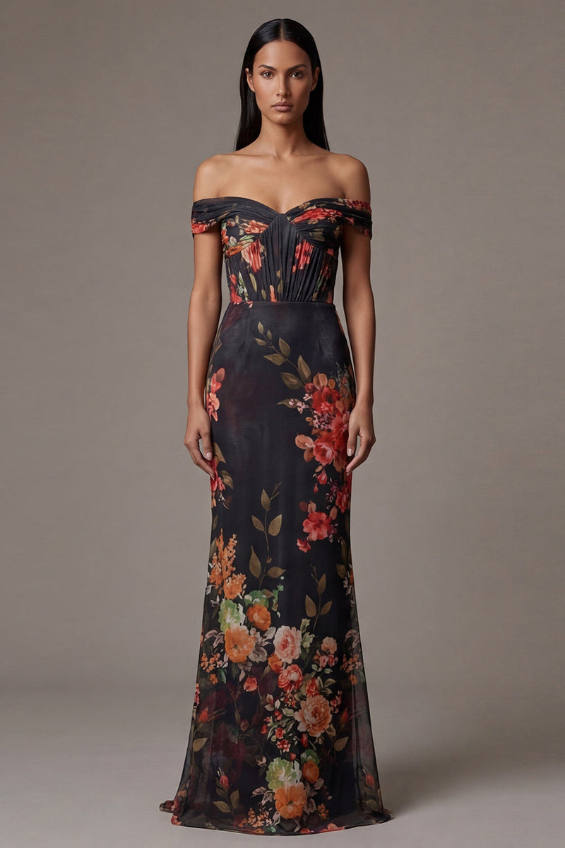 Load image into Gallery viewer, Black Mermaid Floral Maxi Beach Wedding Guest Dress with Pleats