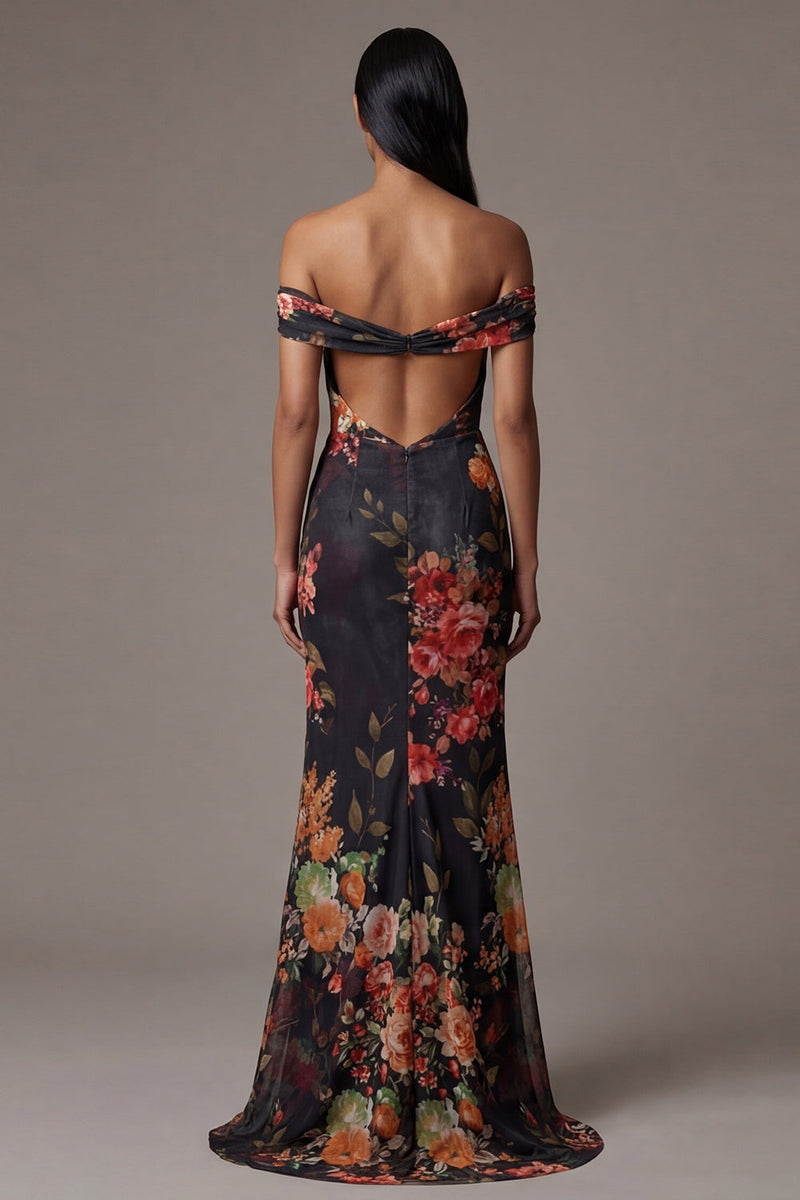 Load image into Gallery viewer, Black Mermaid Floral Maxi Beach Wedding Guest Dress with Pleats