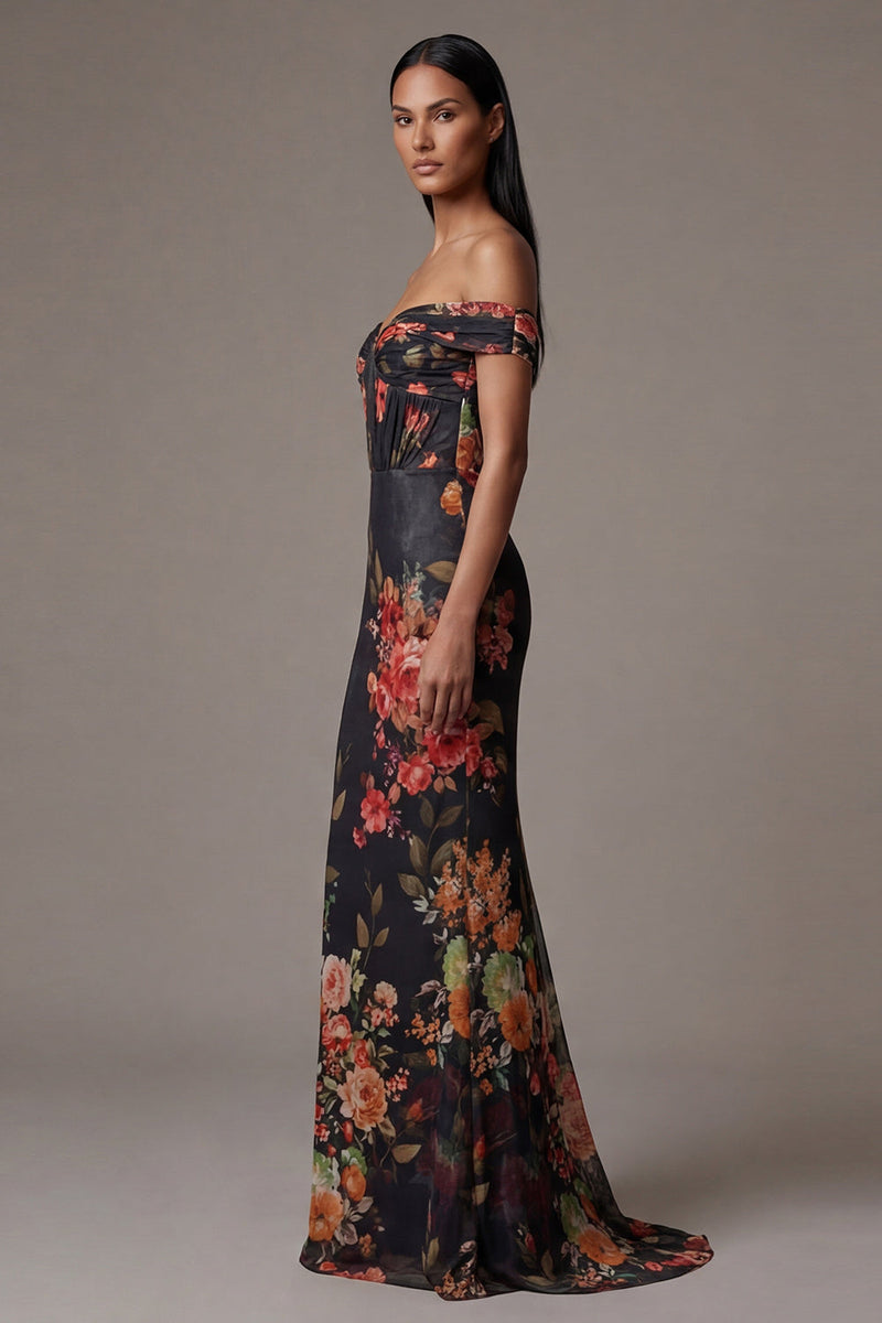 Load image into Gallery viewer, Black Mermaid Floral Maxi Beach Wedding Guest Dress with Pleats