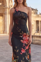 Load image into Gallery viewer, One Shoulder Mermaid Black Floral Maxi Beach Wedding Guest Dress