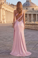 Load image into Gallery viewer, Long Pink Mermaid Ruched One Shoulder Prom Dress with Slit