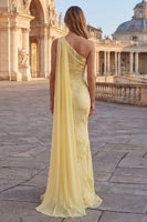 Load image into Gallery viewer, Yellow Mermaid Appliqued Long Prom Dress with Side Cape