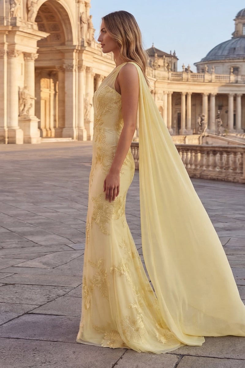 Load image into Gallery viewer, Yellow Mermaid Appliqued Long Prom Dress with Side Cape