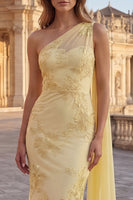 Load image into Gallery viewer, Yellow Mermaid Appliqued Long Prom Dress with Side Cape