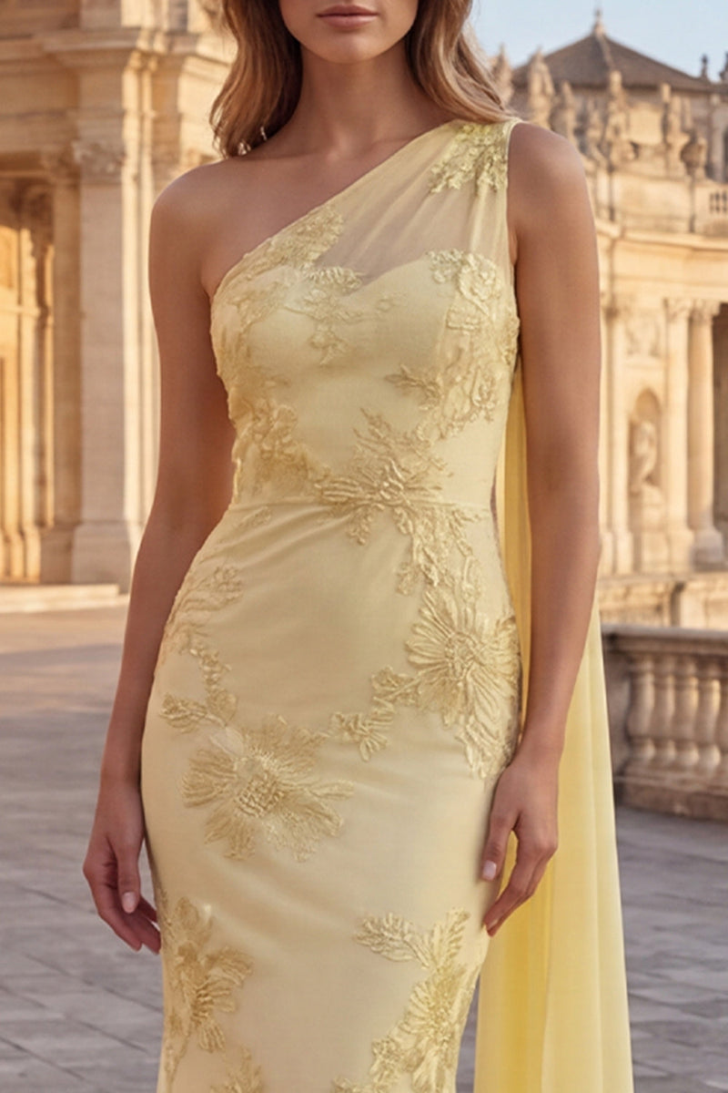 Load image into Gallery viewer, Yellow Mermaid Appliqued Long Prom Dress with Side Cape