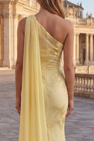 Load image into Gallery viewer, Yellow Mermaid Appliqued Long Prom Dress with Side Cape