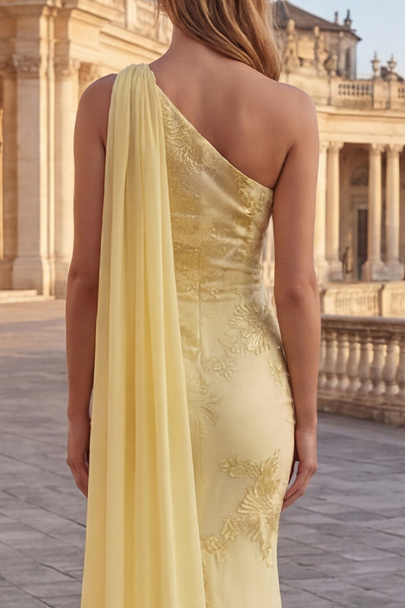 Load image into Gallery viewer, Yellow Mermaid Appliqued Long Prom Dress with Side Cape