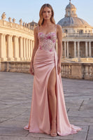 Load image into Gallery viewer, Pink Sheath Corset Floral Ruched Long Prom Dress with Side Cape