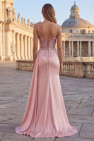 Load image into Gallery viewer, Pink Sheath Corset Floral Ruched Long Prom Dress with Side Cape