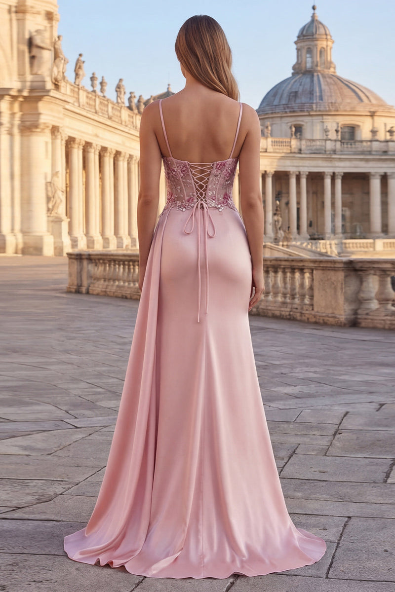 Load image into Gallery viewer, Pink Sheath Corset Floral Ruched Long Prom Dress with Side Cape
