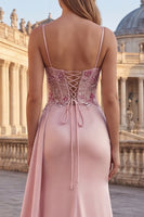 Load image into Gallery viewer, Pink Sheath Corset Floral Ruched Long Prom Dress with Side Cape