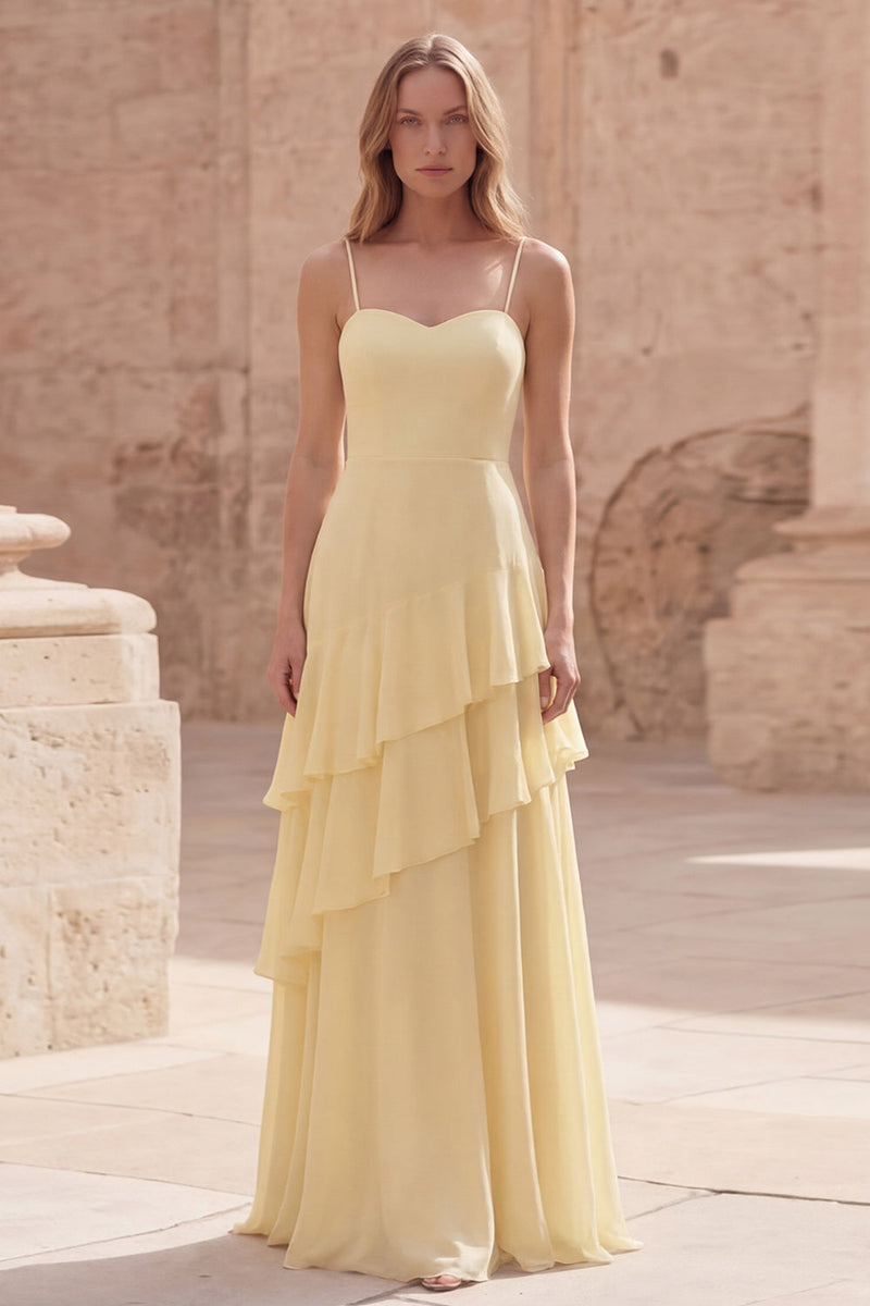 Load image into Gallery viewer, A Line Yellow Spaghetti Straps Long Prom Dress with Ruffles